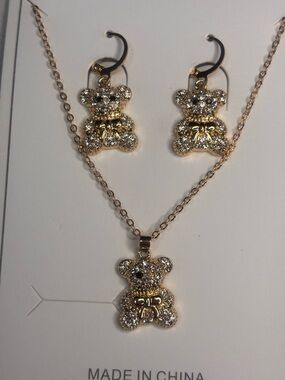 Rhinestone Teddy Bear Jewelry Set | Gold Tone Necklace & Earrings | Cute Gift